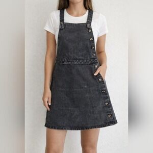 F&F Denim Pinafore Dress Womens Size 2 Black Overall Jumper Side Button Mini
